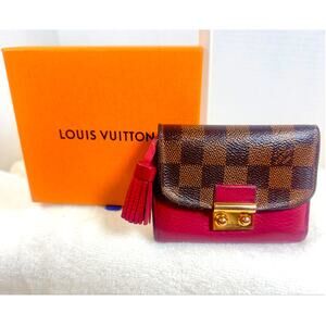 Louis Vuitton Damier Ebene Compact Wallet Raspberry Interior Tassel Charm w/ Box